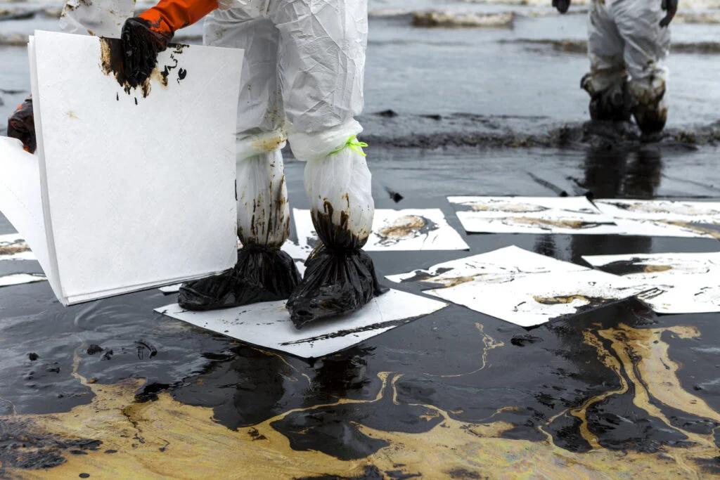 Workers Remove And Clean Up Crude Oil Spilled With Absorbent Sheets